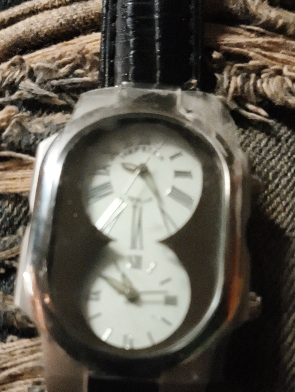 Philip Stein Dual-Dial Silver Case Watch with Black Strap
